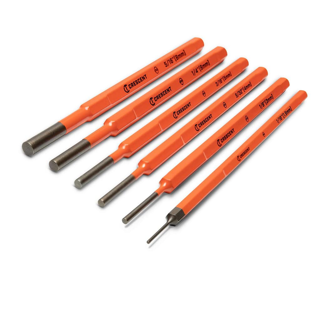 Punch Sets; Set Type: Nail; Material: Steel; Container Type: Plastic Case; Maximum Punch Size (Decimal Inch): 0.0310; Includes: 1/16 in; 1/4 in; 1/8 in; 3/16 in; 5/32 in; 5/16 in; Number Of Pieces: 6