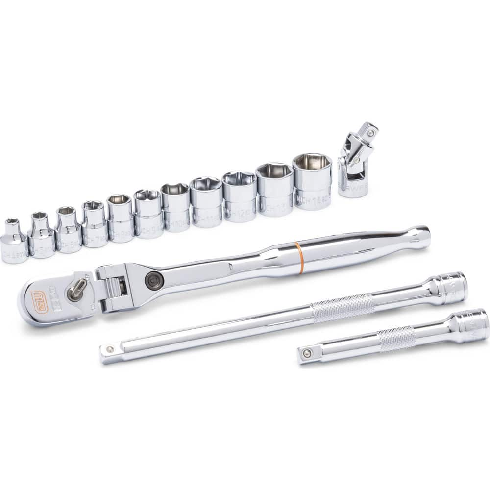 Socket Sets; Set Type: Ratchet & Socket Set; Drive Size: 1/4 in; Maximum Socket Depth (Decimal Inch): 1.0000; Minimum Socket Depth (Decimal Inch): 0.2500; Material: Alloy Steel; Number Of Pieces: 15; Case Type: Rail; Socket Depth: Standard; Contents: Ratc