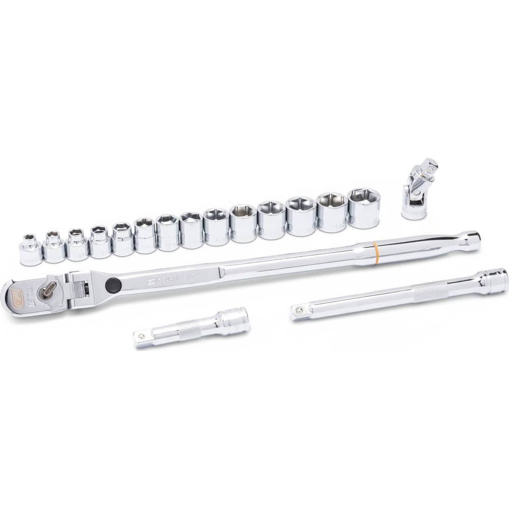 Socket Sets; Set Type: Ratchet & Socket Set; Drive Size: 3/8 in; Maximum Socket Depth (Decimal Inch): 1.0000; Minimum Socket Depth (Decimal Inch): 0.2500; Material: Alloy Steel; Number Of Pieces: 18; Case Type: Rail; Socket Depth: Standard; Contents: Ratc