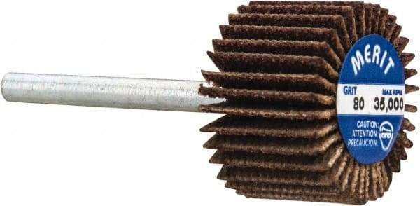 Merit Abrasives - 3/4" Diam x 1/2" Face Width, Medium Aluminum Oxide Coated Mounted Flap Wheel - 1/8" Shank Mount, 80 Grit, Cloth Backing, 35,000 Max RPM - Benchmark Tooling