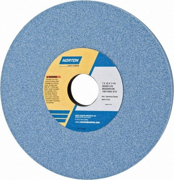 Norton - 7" Diam x 1-1/4" Hole x 1/2" Thick, L Hardness, 60 Grit Surface Grinding Wheel - Ceramic, Type 1, Medium Grade, 3,600 Max RPM, Vitrified Bond, No Recess - Benchmark Tooling