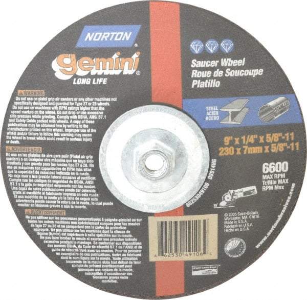 Norton - 24 Grit, 9" Wheel Diam, 1/4" Wheel Thickness, Type 28 Depressed Center Wheel - Aluminum Oxide, 6,600 Max RPM, Compatible with Angle Grinder - Benchmark Tooling