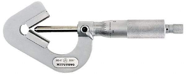 Mitutoyo - 0.05 to 0.6 Inch Measurement, 0.001 Inch Graduation, Accuracy Up to 0.0002 Inch, 3 Flutes Measured, Ratchet Stop Thimble, Mechanical V Anvil Micrometer - 6.35mm Spindle Diameter, Carbide, 23.46mm Throat Depth - Benchmark Tooling