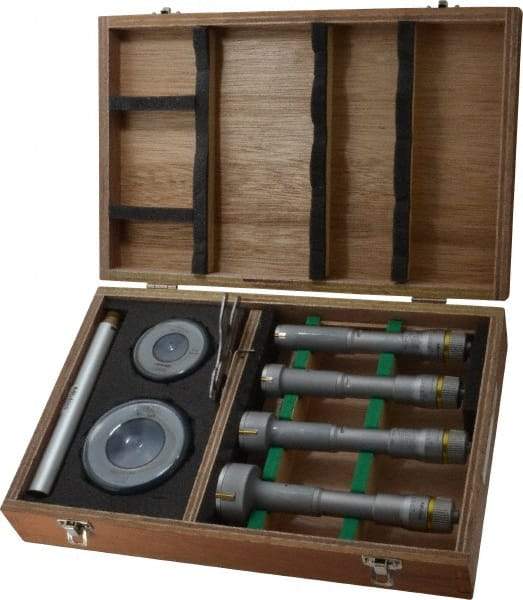 Mitutoyo - 9 Piece, 0.8 to 2", Carbide, TiN Coated, Hole Mechanical Inside Micrometer Set - 0.0002" Graduation, Ratchet Stop Thimble, Includes (2) Setting Rings, Extension & Fitted Plastic Case - Benchmark Tooling