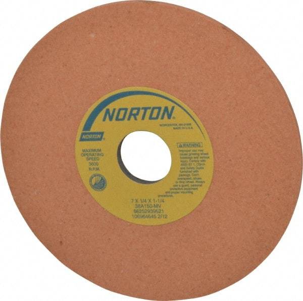 Norton - 7" Diam x 1-1/4" Hole x 1/4" Thick, M Hardness, 150 Grit Surface Grinding Wheel - Aluminum Oxide, Type 1, Very Fine Grade, 3,600 Max RPM, Vitrified Bond, No Recess - Benchmark Tooling