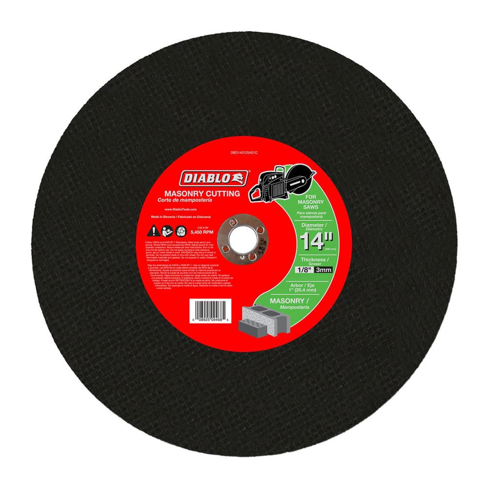 Cutoff Wheels; Wheel Type Number: Type 1; Wheel Diameter (Inch): 14; Wheel Thickness (Inch): 1/8; Hole Size: 1; Abrasive Material: Silicone Carbide Blend; Maximum Rpm: 5450.000; Hole Shape: Round; Wheel Color: Black