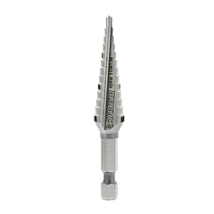 Step Drill Bits; Tool Material: High Speed Steel; Shank Type: Hex Shank; Hole Diameter: 1/2 in; Series: 13 Steps; Overall Length (Inch): 3-1/32; Minimum Hole Diameter (Inch): 1/4; Maximum Hole Diameter (Inch): 1/2; Shank Diameter (Decimal Inch): 1/4; Step