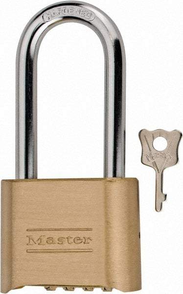 Master Lock - 2" Body Width, 2-1/4" Shackle Clearance, Solid Brass Combination Lock - 5/16" Shackle Diam, 1" Shackle Width - Benchmark Tooling