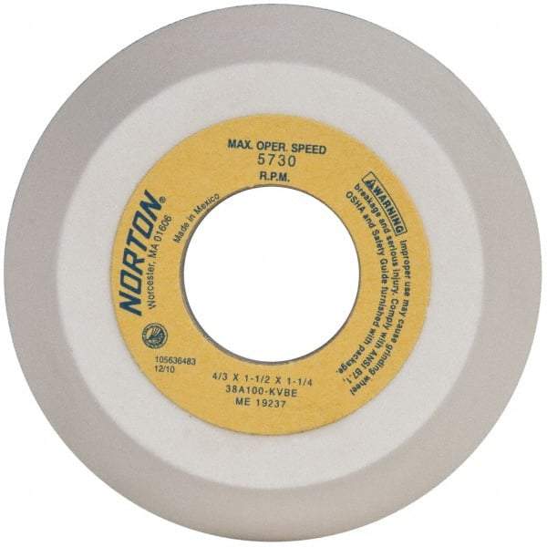 Norton - 4" Diam, 1-1/4" Hole Size, 1-1/2" Overall Thickness, 100 Grit, Type 11 Tool & Cutter Grinding Wheel - Fine Grade, Aluminum Oxide, K Hardness, Vitrified Bond, 5,730 RPM - Benchmark Tooling