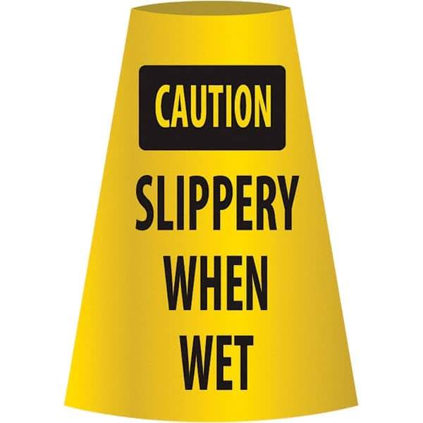 NMC - Caution - Slippery When Wet, 21-3/4" Wide x 11" High, Polyethylene Floor Sign - Cone, Black on Yellow, For Restroom, Janitorial & Housekeeping - Benchmark Tooling