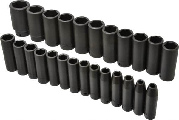 Proto - 25 Piece 1/2" Drive Deep Well Impact Socket Set - 6 Points, 8mm to 36mm Range, Metric Measurement Standard - Benchmark Tooling