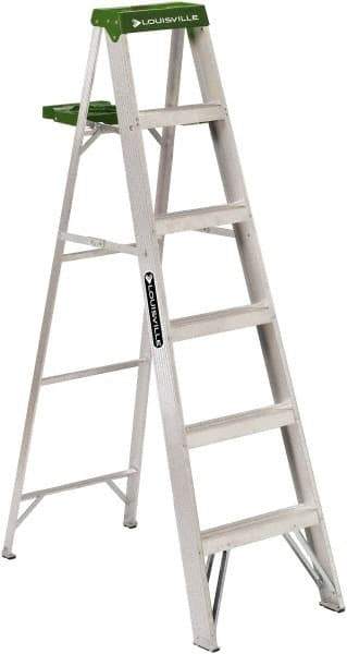 Louisville - 5 Steps, 6' High, Type II Rating, Aluminum Step Ladder - 225 Lb Capacity, 21-13/16" Base Width - Benchmark Tooling