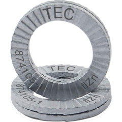 Wedge Lock Washers; Thread Size: 5/16; M8; Material: Steel; Inside Diameter: 0.343 in; Outside Diameter: 0.531 in; Finish: Zinc Plated; Hardness: 465 HV Min; Standards: MIL-STD-1312-7   ISO 9001:2008    ISO TS16949; Thickness: 2.5 in