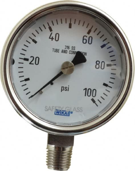 Wika - 2-1/2" Dial, 1/4 Thread, 0-100 Scale Range, Pressure Gauge - Lower Connection Mount, Accurate to 2-1-2% of Scale - Benchmark Tooling