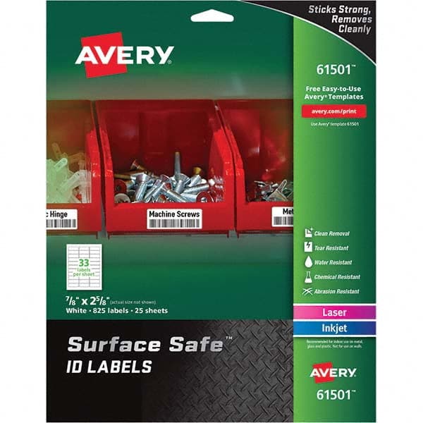 AVERY - Pack of (825), 7/8" x 2-5/8" White Polyester Durable Square Labels - Benchmark Tooling