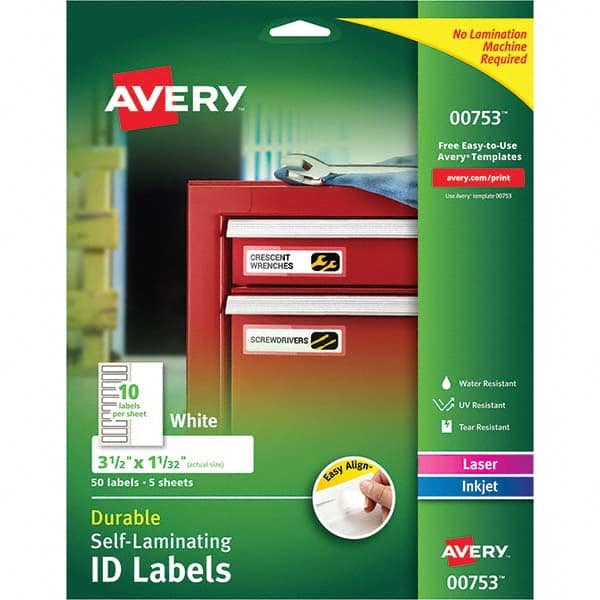 AVERY - Pack of (50), 1-1/32" x 3-1/2" White Paper Self Laminating Labels - Benchmark Tooling