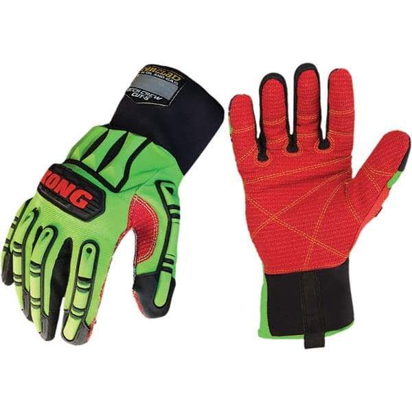 ironCLAD - Size XL (10), ANSI Cut Lvl A4, Puncture Lvl 4, Abrasion Lvl 4, Cut Resistant Gloves - 11" Long, Uncoated, Polyester Lining, Slip-On Cuff, Green/Red, Paired - Benchmark Tooling