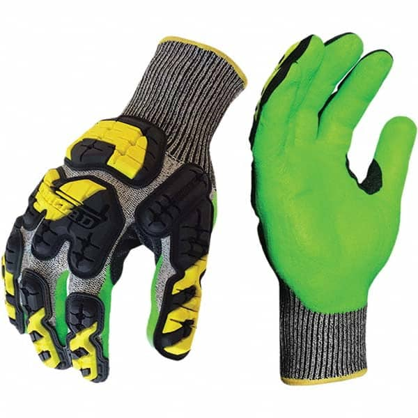 ironCLAD - Size S (7), ANSI Cut Lvl A3, Puncture Lvl 5, Abrasion Lvl 4, Foam Nitrile Coated Cut Resistant Gloves - 10" Long, Palm Coated, Elastic Knit Cuff, Gray/Green, Paired - Benchmark Tooling