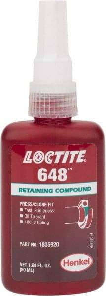 Loctite - 50 mL Bottle, Green, High Strength Liquid Retaining Compound - Series 648, 24 hr Full Cure Time, Heat Removal - Benchmark Tooling