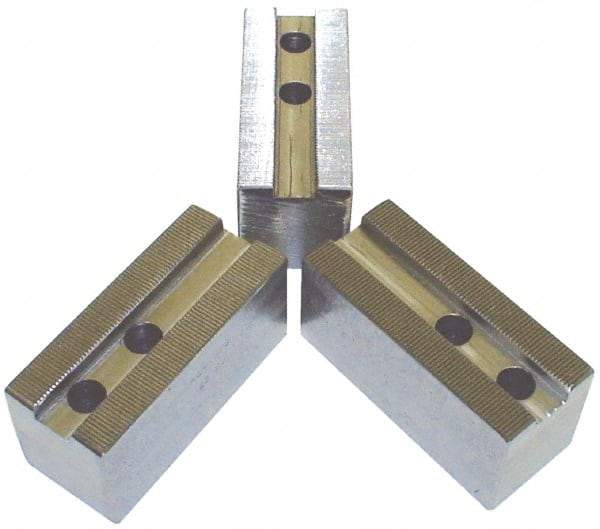 H & R Manufacturing - 1.5mm x 60° Serrated Attachment, Square Soft Lathe Chuck Jaw - 3 Jaws, Steel, 1.69" Btw Mount Hole Ctrs, 6-1/2" Long x 2-1/2" Wide x 5" High, 1" Groove, 20mm Fastener - Benchmark Tooling