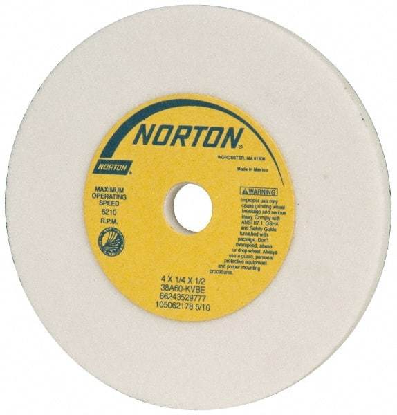 Norton - 60 Grit Aluminum Oxide Type 1 Internal Grinding Wheel - 4" Diam x 1/2" Hole x 1/4" Thick, 6,210 Max RPM, Type 1 Medium Grade, K Hardness, Vitrified Bond, One-Side Recess - Benchmark Tooling