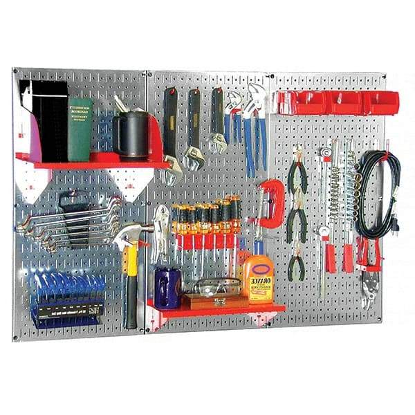 Wall Control - 48" Wide x 32" High Peg Board Kit - 3 Panels, Galvanized Steel, Galvanized/Red - Benchmark Tooling