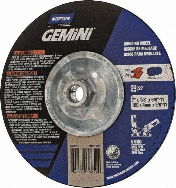 Norton - 7" Wheel Diam, 1/8" Wheel Thickness, Type 27 Depressed Center Wheel - Aluminum Oxide, 8,600 Max RPM, Compatible with Angle Grinder - Benchmark Tooling