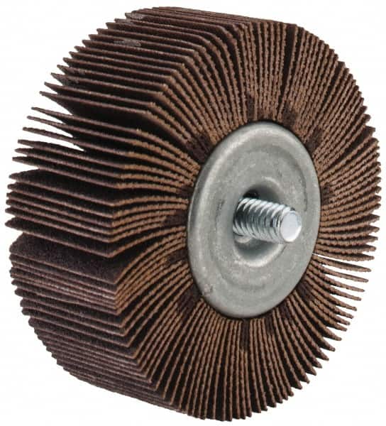 Merit Abrasives - 2-1/2" Diam x 1" Face Width, Fine Aluminum Oxide Coated Mounted Flap Wheel - 1/4-20 Threaded Mount, 120 Grit, Cloth Backing, 20,000 Max RPM - Benchmark Tooling