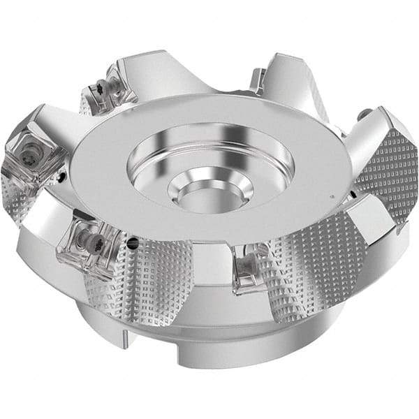 Seco - 4" Cut Diam, 1-1/2" Arbor Hole, 0.236" Max Depth of Cut, 48° Indexable Chamfer & Angle Face Mill - 7 Inserts, SN.. Insert, Right Hand Cut, 7 Flutes, Through Coolant, Series R220.54 - Benchmark Tooling