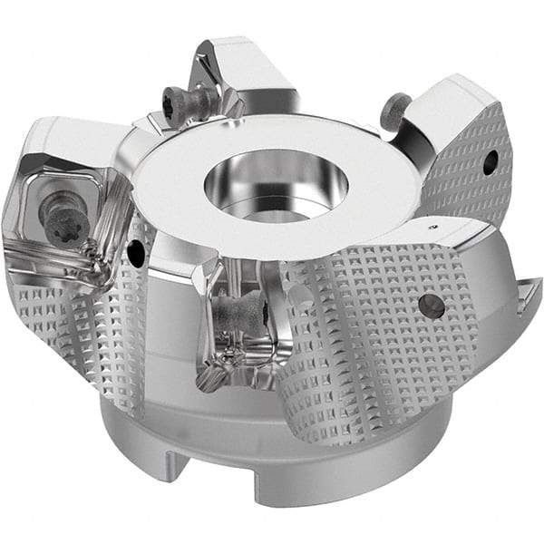 Seco - 63mm Cut Diam, 22mm Arbor Hole, 8mm Max Depth of Cut, 71° Indexable Chamfer & Angle Face Mill - 5 Inserts, SN.. Insert, Right Hand Cut, 5 Flutes, Through Coolant, Series R220.56 - Benchmark Tooling