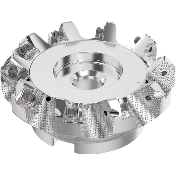 Seco - 100mm Cut Diam, 32mm Arbor Hole, 6mm Max Depth of Cut, 48° Indexable Chamfer & Angle Face Mill - 10 Inserts, SN.. Insert, Right Hand Cut, 10 Flutes, Through Coolant, Series R220.54 - Benchmark Tooling