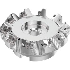 Seco - 4" Cut Diam, 1-1/2" Arbor Hole, 0.236" Max Depth of Cut, 48° Indexable Chamfer & Angle Face Mill - 10 Inserts, SN.. Insert, Right Hand Cut, 10 Flutes, Through Coolant, Series R220.54 - Benchmark Tooling