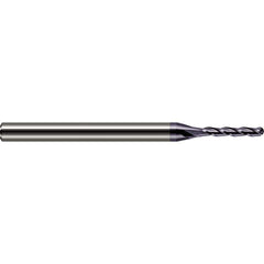 Ball End Mill: 0.03″ Dia, 3 Flute, Solid Carbide 2-1/2″ OAL, 1/8″ Shank Dia, 30 ° Helix, AlTiN Coated