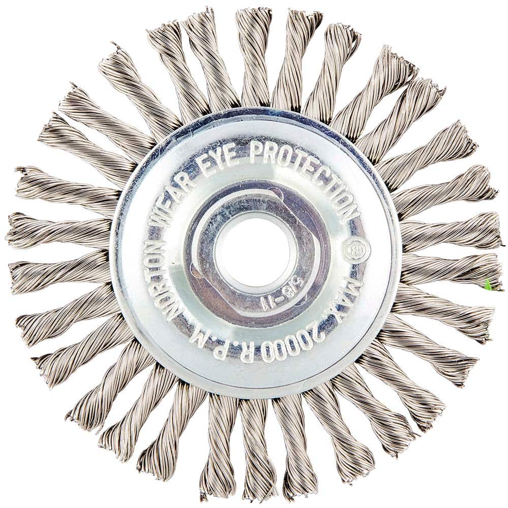 Norton - 4" OD, 5/8-11 Arbor Hole, Stringer Bead Twist Knot Stainless Steel Wheel Brush - Benchmark Tooling