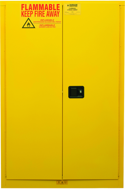 45 Gallon - All Welded - FM Approved - Flammable Safety Cabinet - Manual Doors - 2 Shelves - Safety Yellow - Benchmark Tooling