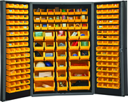 48"W - 14 Gauge - Lockable Cabinet - With 176 Yellow Hook-on Bins - Deep Door Style - Black - Benchmark Tooling