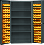 36"W - 14 Gauge - Lockable Cabinet - With 96 Yellow Hook-on Bins - 4 Adjustable Shelves - Deep Door Style - Gray - Benchmark Tooling