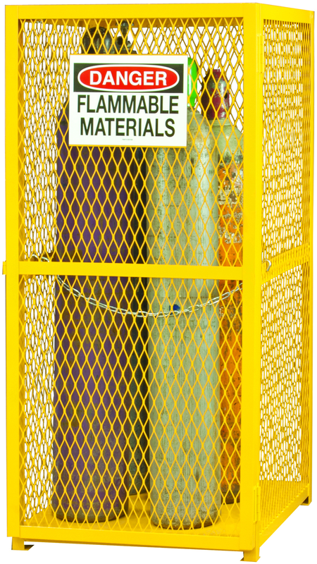 30" W - All welded - Angle Iron Frame with Mesh Side - Vertical Gas Cylinder Cabinet - Magnet Door - Safety Yellow - Benchmark Tooling