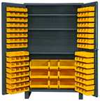 48"W - 14 Gauge - Lockable Cabinet - With 137 Yellow Hook-on Bins - 3 Adjustable Shelves - Flush Door Style - Gray - Benchmark Tooling