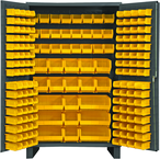 48"W - 14 Gauge - Lockable Cabinet - With 171 Yellow Hook-on Bins - Flush Door Style - Gray - Benchmark Tooling