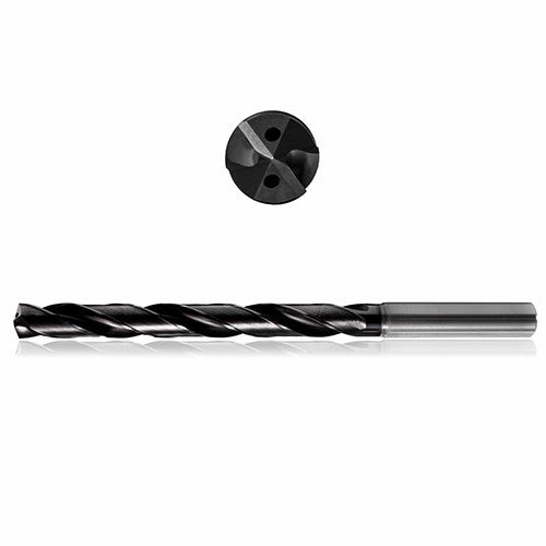 0.6693 mm Dia. × 18 mm Shank × 93 mm Flute Length × 143 mm OAL, 5xD, 140°, Varianta Supral, 2 Flute, Coolant Thru, h6, Cylindrical, Solid Carbide Drill - Exact Industrial Supply