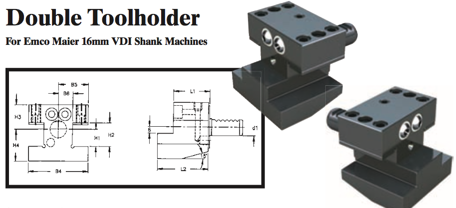 Double Toolholder - Standard (Top) (For Emco Maier 16mm VDI Shank Machines) - Part #: CNC86 E41.1616 - Benchmark Tooling