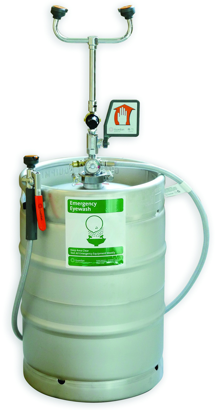 Guardian self-contained eyewash/drench hose unit is ideal for use in low traffic areas, and where a continuous supply of potable water is unavailable for plumbed units. 15 gallon pressurized unit is ideal for floor placement near any hazard. - Benchmark Tooling