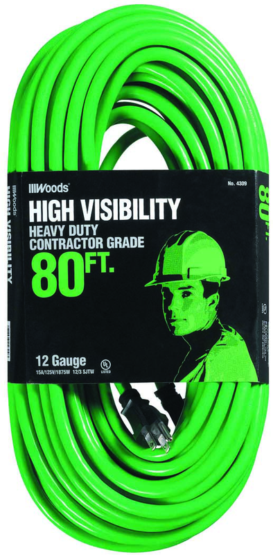 80' Ext. Cord Extra HD 1-Outlet- Neon High Visibility - Benchmark Tooling