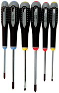 6 Piece - Ergo Handle Screwdriver Set - Includes: #1 x 4; #2 x 4 Phillips; #1 x 4; #2 x 4 Pozidriv; 9/64 x 3; 7/32 x 4 Slotted Cabinet - Benchmark Tooling