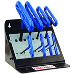 10 Piece - 3/32 - 3/8" T-Handle Style - 9'' Arm- Hex Key Set with Plain Grip in Stand - Benchmark Tooling