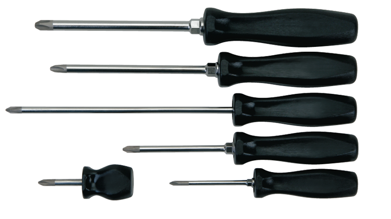 6 Piece - Phillips® Screwdriver Set - Includes: 6-1/4 #1; 7-5/16 #2; 12 #2; 10-1/2 #3; 10-3/4 #4; 3-1/2 #2 - Benchmark Tooling
