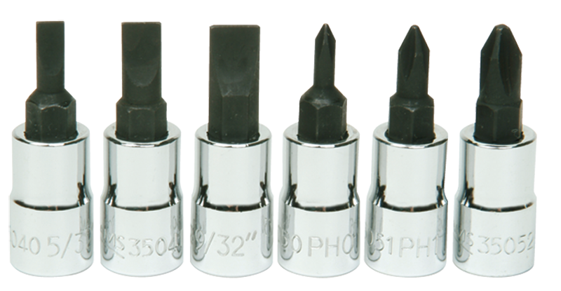 6 Piece - #9309068 - #0; #1; #2 Phillips; 5/32; 7/32; 9/32" Slotted - 1/4" Drive - Socket Drive Hex Bit Set - Benchmark Tooling