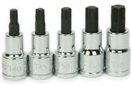 5 Piece - #9329080 - T40; T45; T50; T55; T60 - 1/2" Drive - Socket Drive Torx Bit Set - Benchmark Tooling