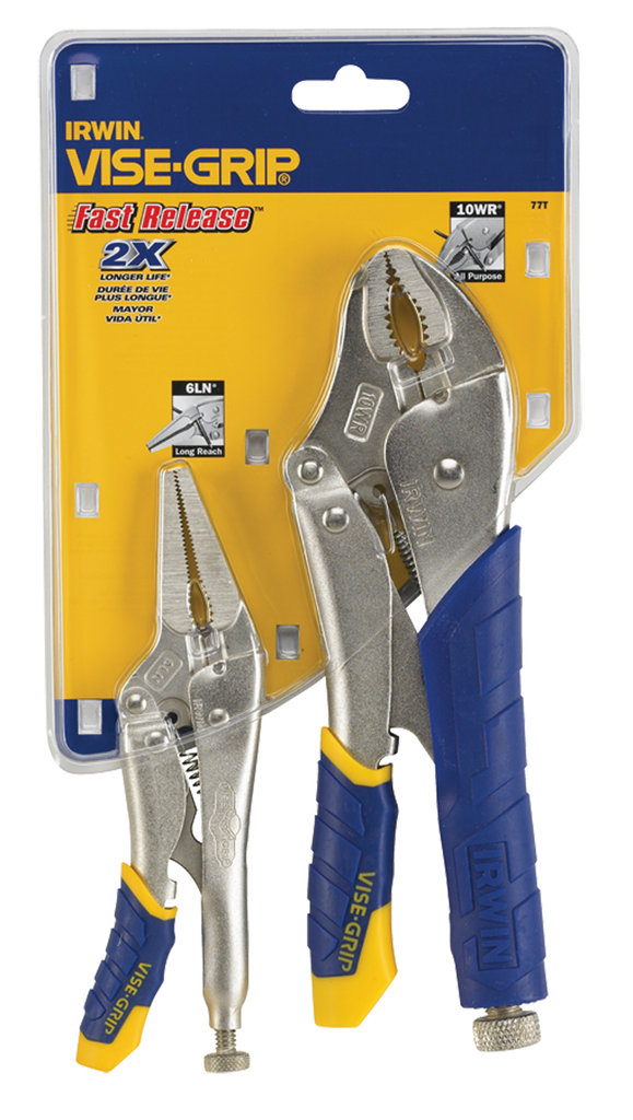 Fast Release Curved Jaw Locking Pliers Set -- 2 Pieces -- Includes: 10" Curved Jaw & 6" Long Nose - Benchmark Tooling